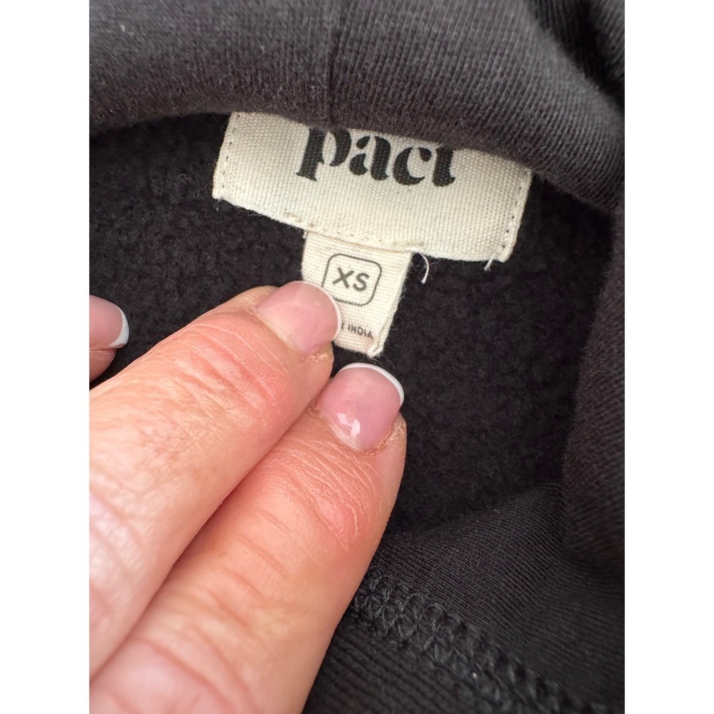 PACT Organic Cotton Raw Hem Hoodie Black Fleece Pullover Sweatshirt XS Cozy - Picture 6 of 7